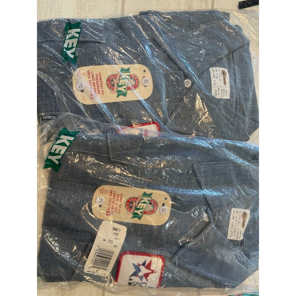 NEW KEY WORK DENIM SHIRTS blue gas service neck, 16 1/2 length 35 NWT set of 2